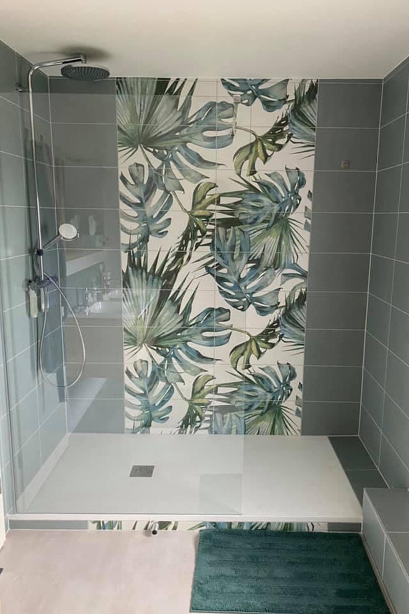 salle de douche - mosaïque douche verte & feuilles